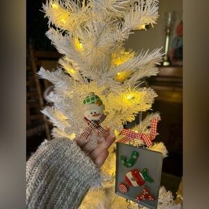 Vintage 1989 Festive Joy Cookie Snowman Ornament with White Christmas Tree Set